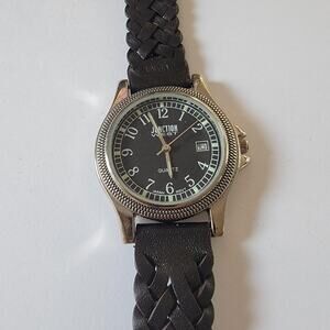 Junction West Mens Nurse Watch Black Dial Quartz Date Silver Case Leather Strap